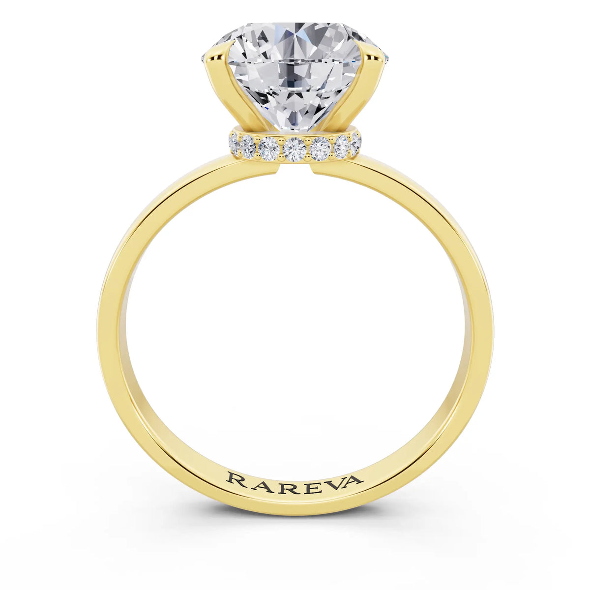 14 KT Yellow Gold Round Cut Diamond Solitaire Ring with Pave Collar - through finger