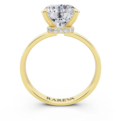 14 KT Yellow Gold Round Cut Diamond Solitaire Ring with Pave Collar - through finger