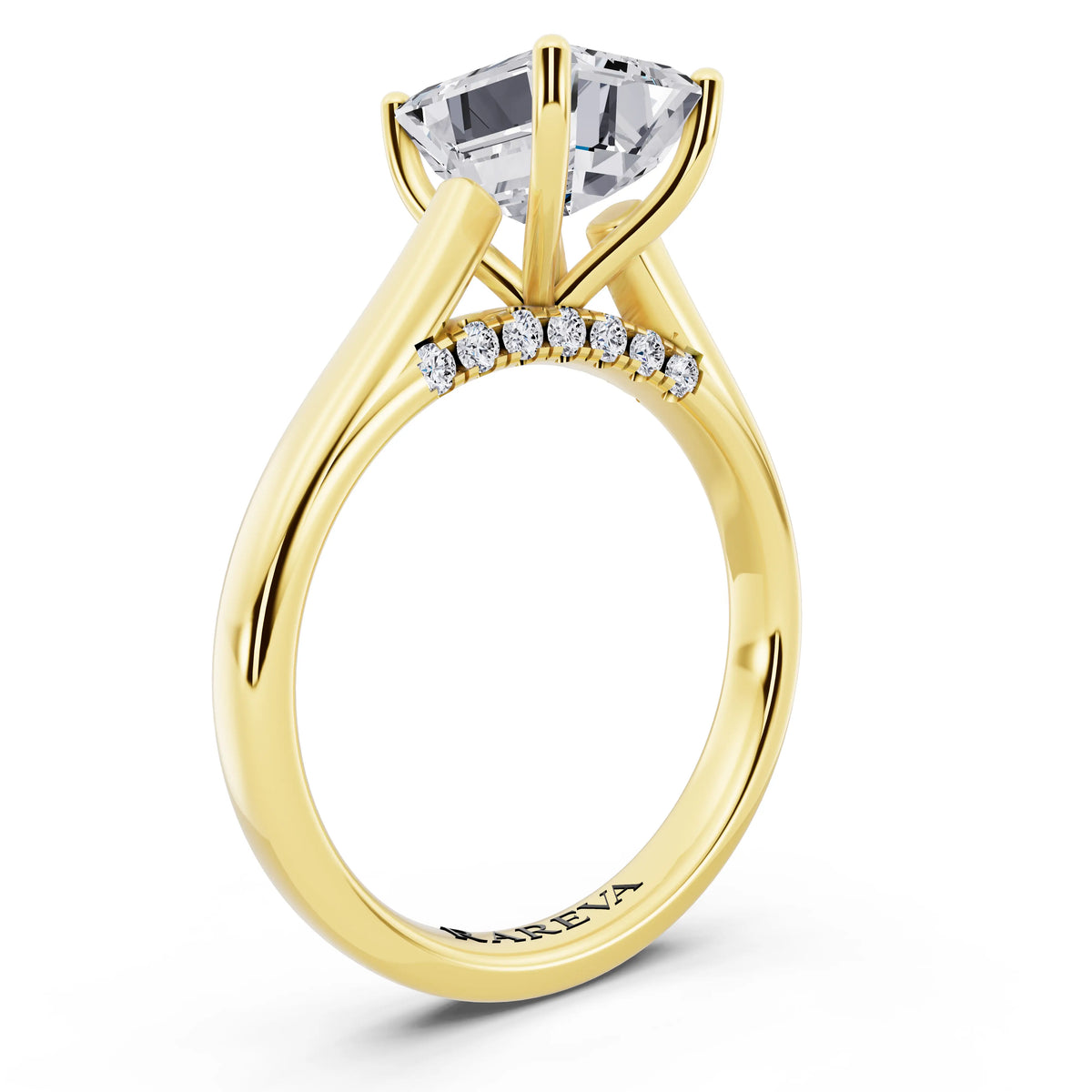 18 KT Yellow Gold Emerald Cut Diamond Solitaire Ring with Hidden Accent - top view