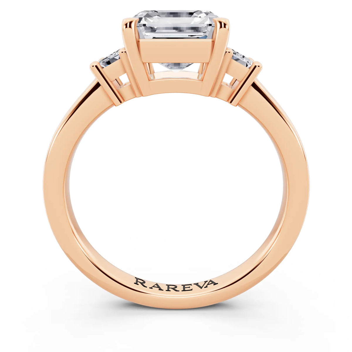 18 KT Rose Gold Asscher Cut Diamond Three Stone Emerald Accent Ring - through finger