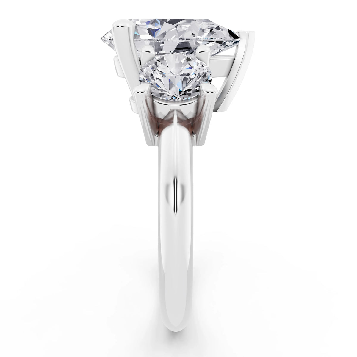 18 KT White Gold Pear Cut Diamond Three Stone Ring with Round Accents - side view