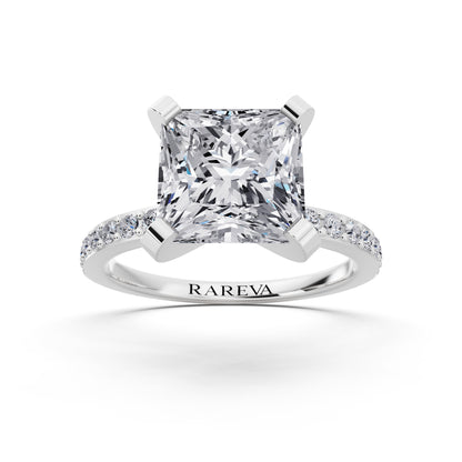 14 KT White Gold Princess Cut Diamond Solitaire Ring with Pave Shank - front view