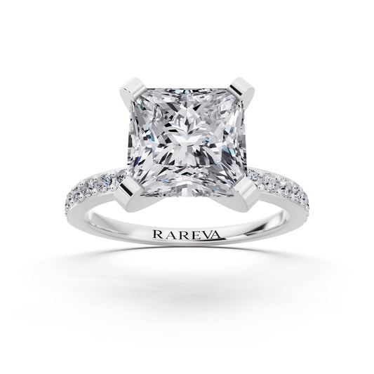 14 KT White Gold Princess Cut Diamond Solitaire Ring with Pave Shank - front view