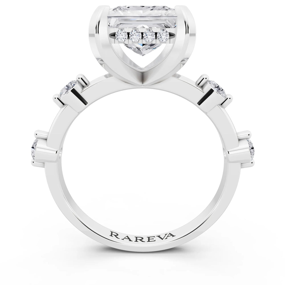 Platinum Princess Cut Diamond Solitaire Ring with Floating Diamond Accents - through finger