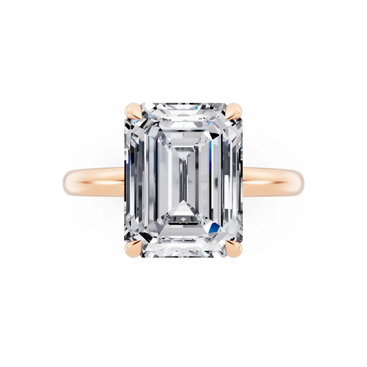 14 KT Rose Gold Emerald Cut Diamond Solitaire Ring with Hidden Halo - top angle