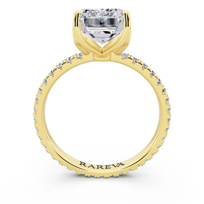 18 KT Yellow Gold Emerald Cut Diamond Solitaire Ring with Pave Eternity Band - through finger