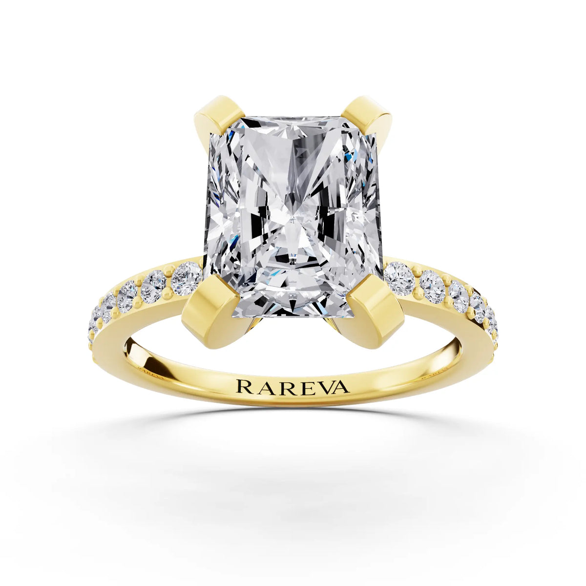 18 KT Yellow Gold Radiant Cut Diamond Solitaire Ring with Pave Shank - front view