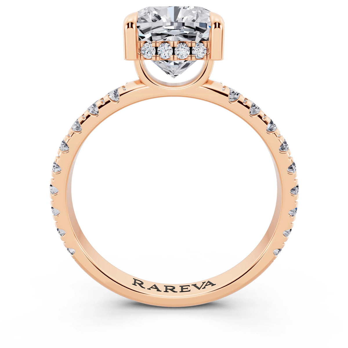 14 KT Rose Gold Cushion Cut Diamond Solitaire Ring with Hidden Halo and French Pave Band - through finger