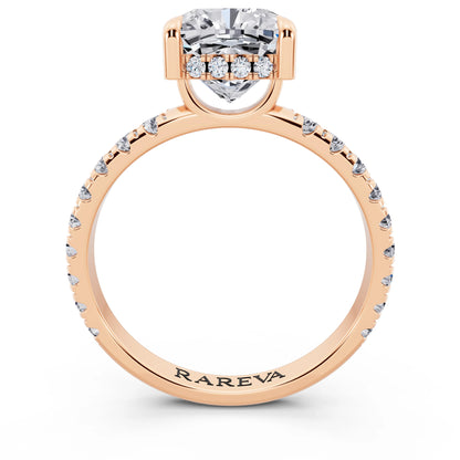 14 KT Rose Gold Cushion Cut Diamond Solitaire Ring with Hidden Halo and French Pave Band - through finger