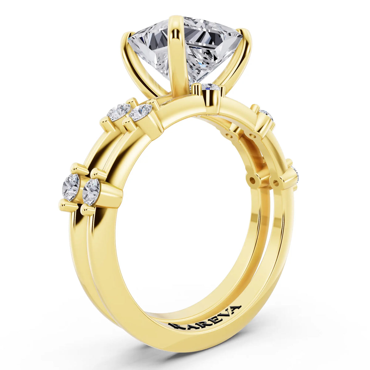 14 KT Yellow Gold Princess Cut Diamond Ring with Floating Accent Band - top view