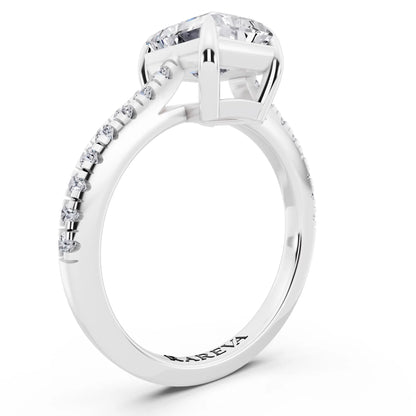 18 KT White Gold Radiant Cut Diamond Claw Prong Solitaire Ring with French Pave Band - top view