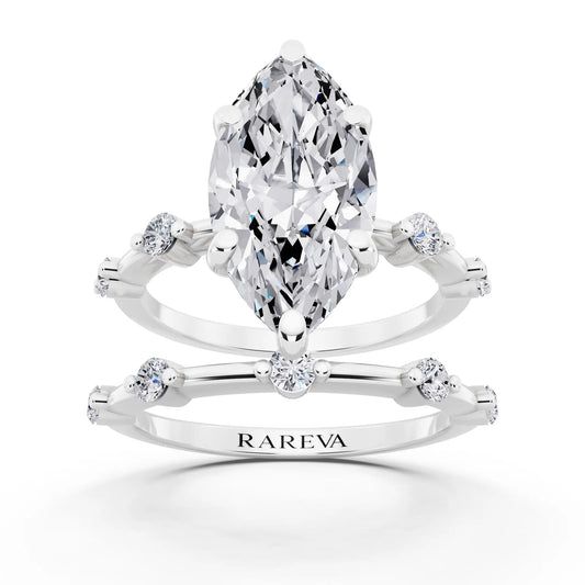 14 KT White Gold Marquise Cut Diamond Ring with Floating Accent Band - front view