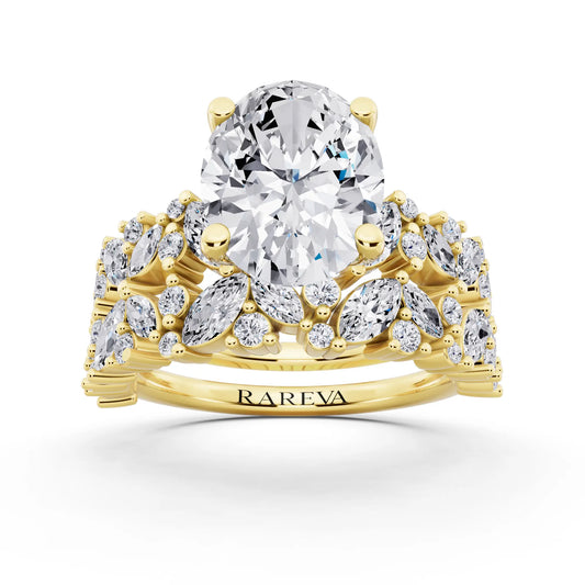 18 KT Yellow Gold Oval Cut Diamond Ring with Marquise Cluster Band - front view