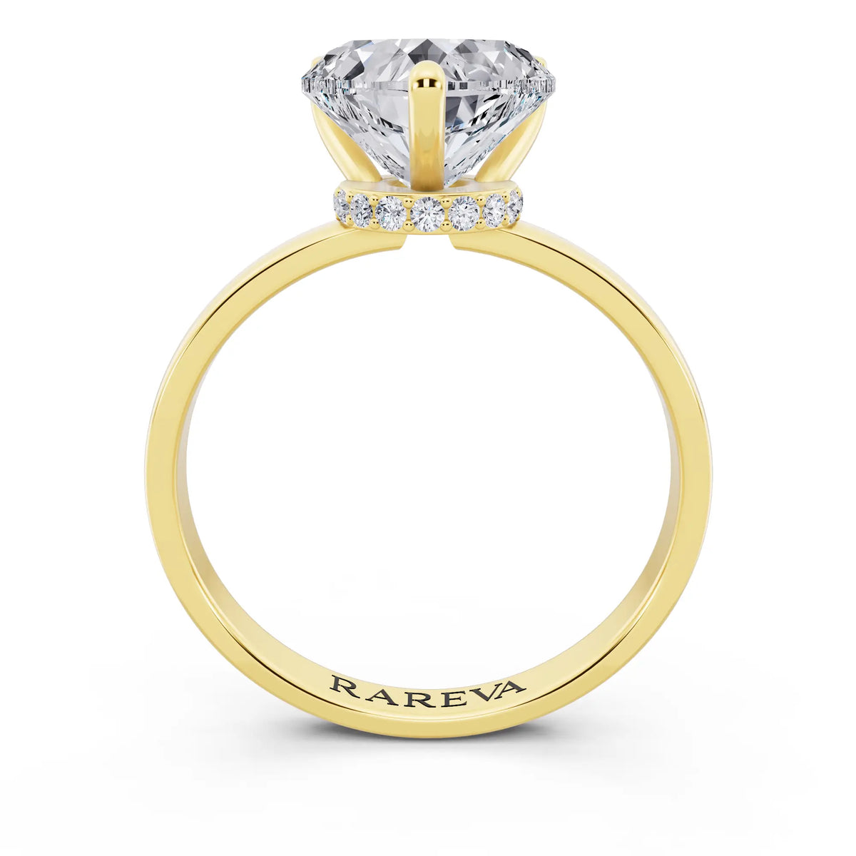 14 KT Yellow Gold Heart Cut Diamond Solitaire Ring with Pave Collar - through finger