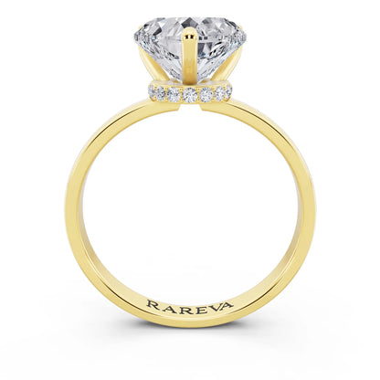 14 KT Yellow Gold Heart Cut Diamond Solitaire Ring with Pave Collar - through finger