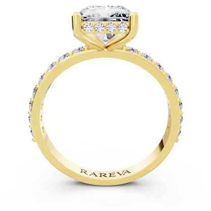 18 KT Yellow Gold Radiant Cut Diamond Solitaire Ring with Hidden Halo and Pave Band - through finger