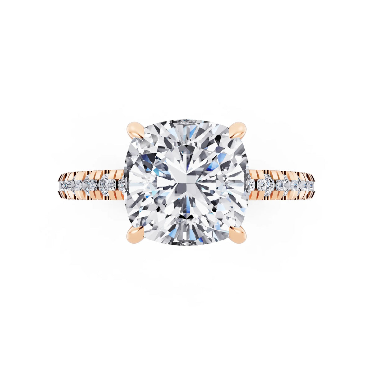 14 KT Rose Gold Cushion Cut Diamond Solitaire Ring with Marquise Collar - top angle
