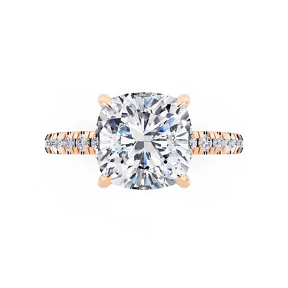 14 KT Rose Gold Cushion Cut Diamond Solitaire Ring with Marquise Collar - top angle