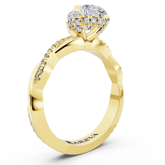 18 KT Yellow Gold Pear Cut Diamond Hidden Halo Ring with Twisted Pave Band - top view