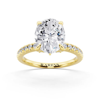 14 KT Yellow Gold Oval Cut Diamond Solitaire Ring with Marquise Collar - front view