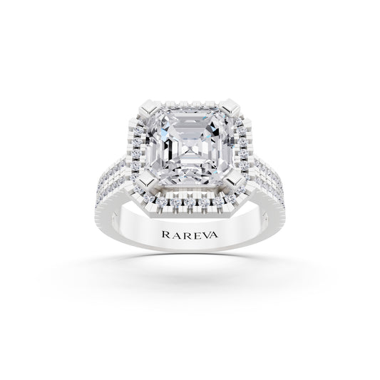 18 KT White Gold Asscher Cut Diamond Halo Ring with Twin Pave Band - front view