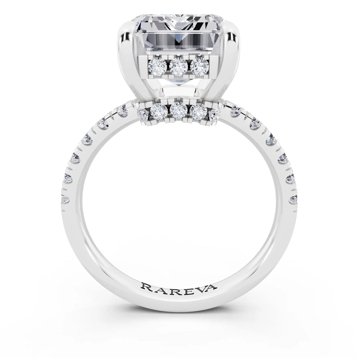 14 KT White Gold Emerald Cut Diamond Hidden Halo Tiger Prong Pave Band Ring - through finger