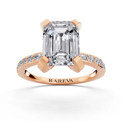 14 KT Rose Gold Emerald Cut Diamond Solitaire Ring with Pave Shank - front view