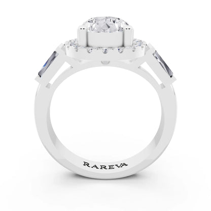 14 KT White Gold Pear Cut Diamond Halo Ring with Baguette Accents - through finger