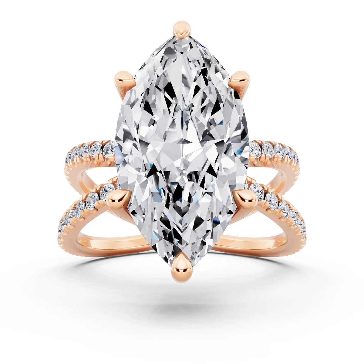 14 KT Rose Gold Marquise Cut Diamond Ring with Twisted Split Shank - front view