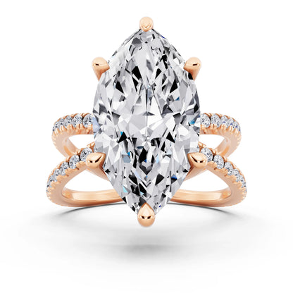 14 KT Rose Gold Marquise Cut Diamond Ring with Twisted Split Shank - front view