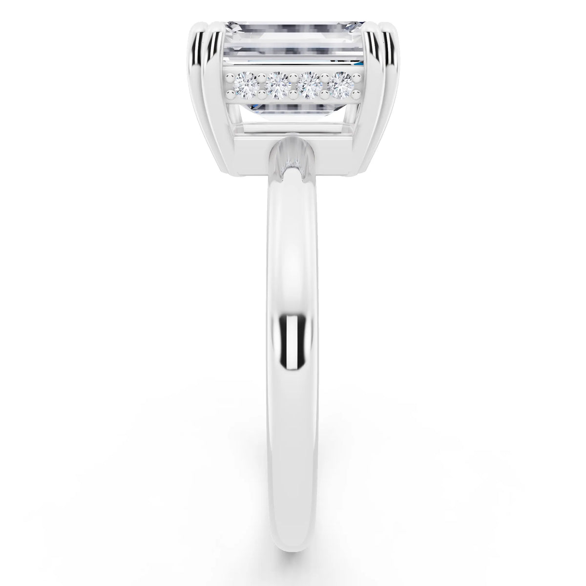 18 KT White Gold Emerald Cut Diamond Solitaire Ring with Hidden Accent Basket - side view