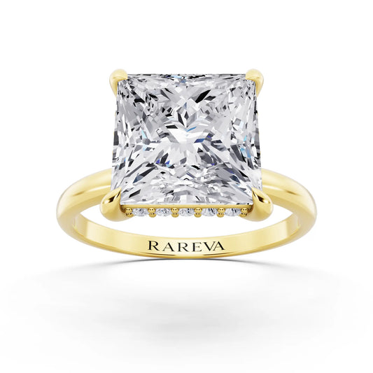 18 KT Yellow Gold Princess Cut Diamond Hidden Halo Solitaire Ring - front view