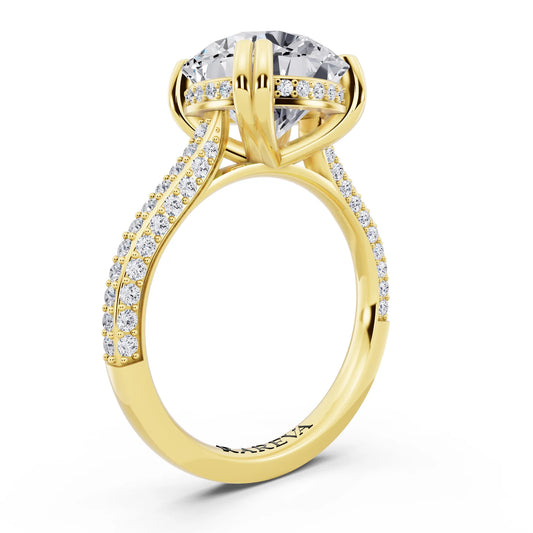 14 KT Yellow Gold Round Cut Diamond Hidden Halo Double Claw Pave Band Ring - top view