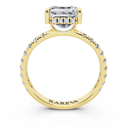 14 KT Yellow Gold Asscher Cut Diamond Solitaire Ring with Hidden Halo and French Pave Band - through finger