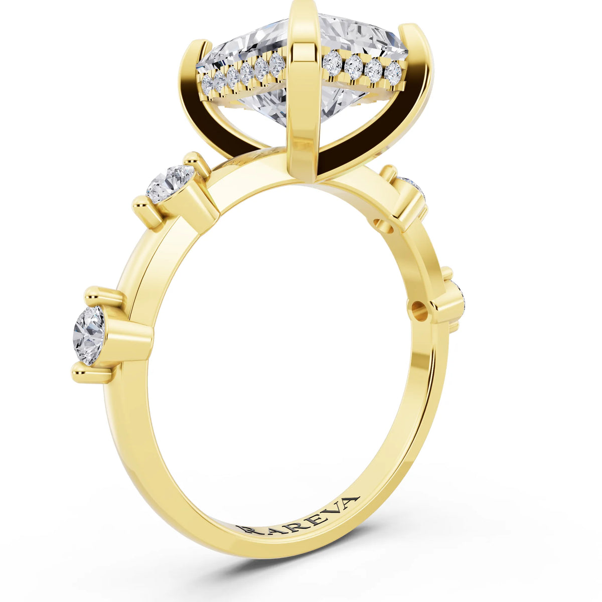 18 KT Yellow Gold Radiant Cut Diamond Solitaire Ring with Floating Diamond Accents - top view