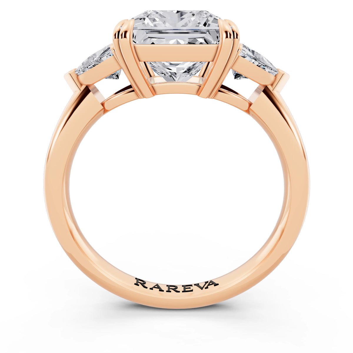 14 KT Rose Gold Princess Cut Diamond Three Stone Ring with Trillion Accents - through finger