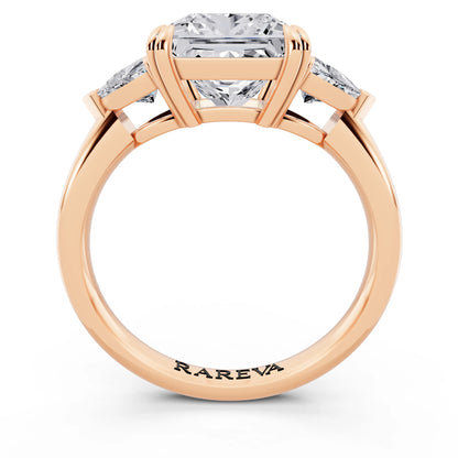 14 KT Rose Gold Princess Cut Diamond Three Stone Ring with Trillion Accents - through finger