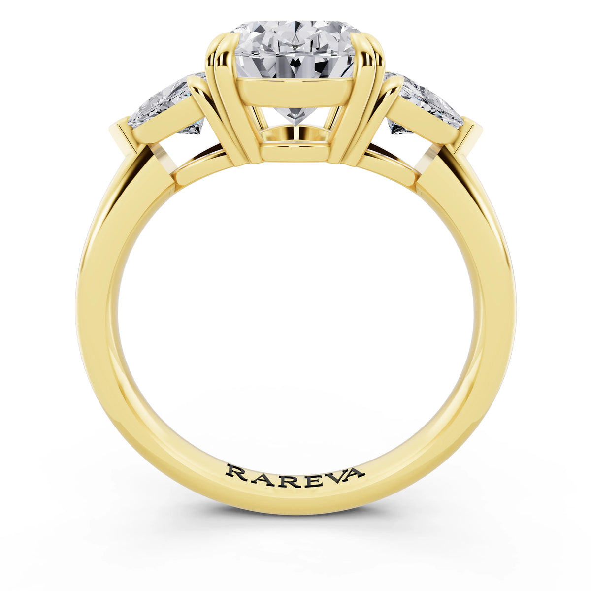 14 KT Yellow Gold Oval Cut Diamond Three Stone Ring with Trillion Accents - through finger
