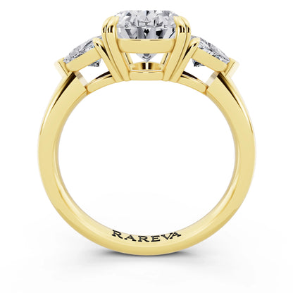 14 KT Yellow Gold Oval Cut Diamond Three Stone Ring with Trillion Accents - through finger