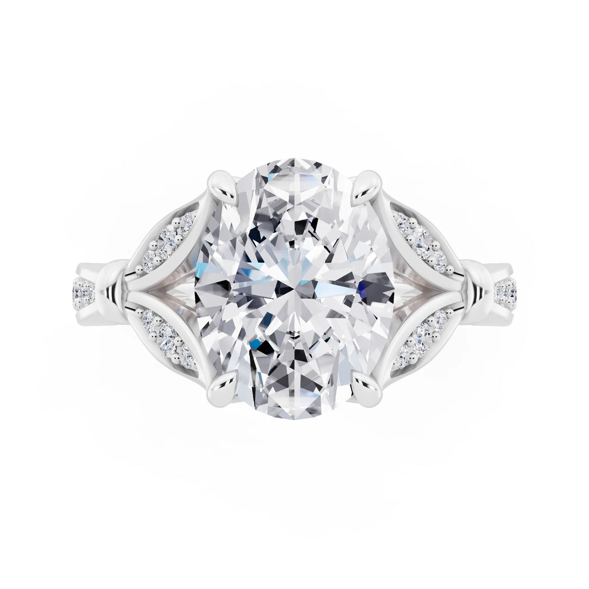 Platinum Oval Cut Diamond Ring with Lotus Collar - top angle