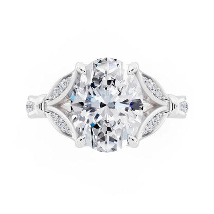 Platinum Oval Cut Diamond Ring with Lotus Collar - top angle