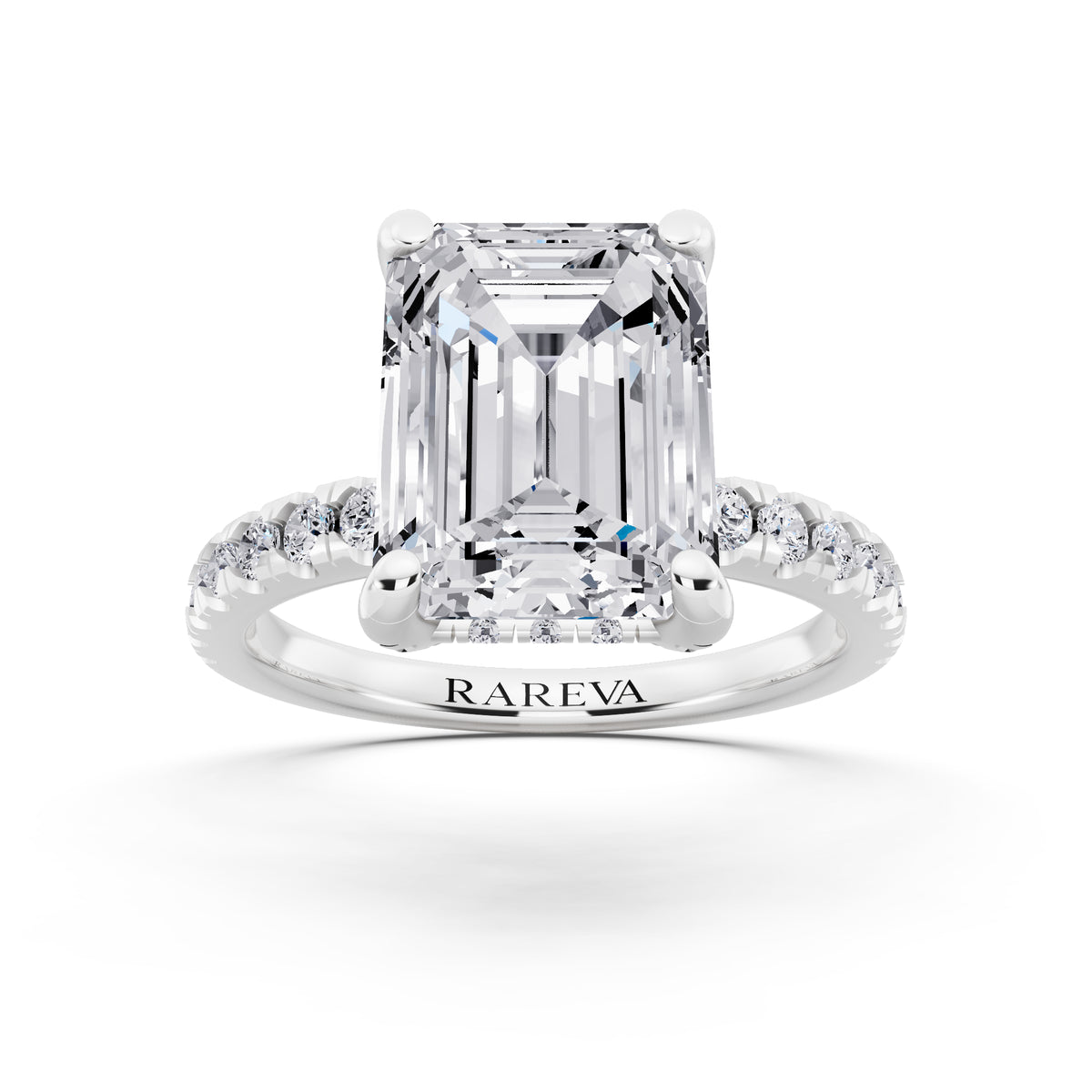 14 KT White Gold Emerald Cut Diamond Hidden Halo Ring with Pave Shank - front view