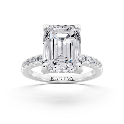 14 KT White Gold Emerald Cut Diamond Hidden Halo Ring with Pave Shank - front view