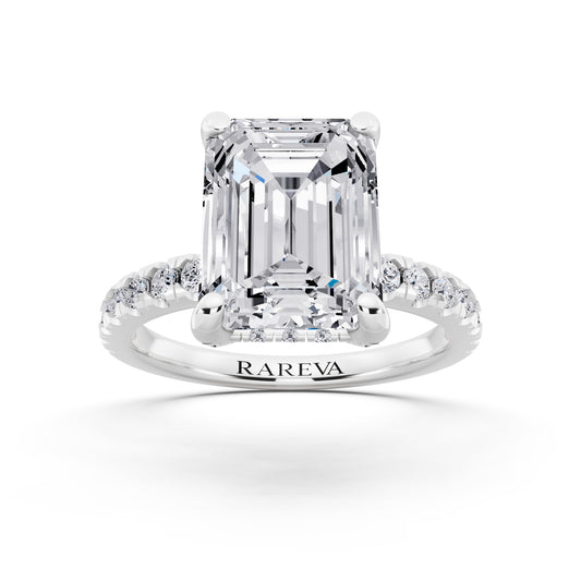 14 KT White Gold Emerald Cut Diamond Hidden Halo Ring with Pave Shank - front view