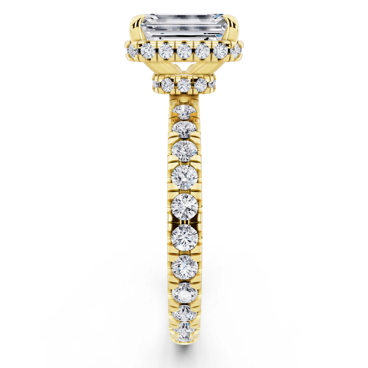 18 KT Yellow Gold Emerald Cut Diamond Hidden Halo Ring with Pave Band - side view