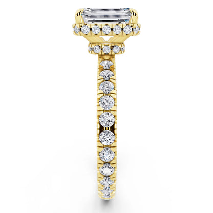 18 KT Yellow Gold Emerald Cut Diamond Hidden Halo Ring with Pave Band - side view