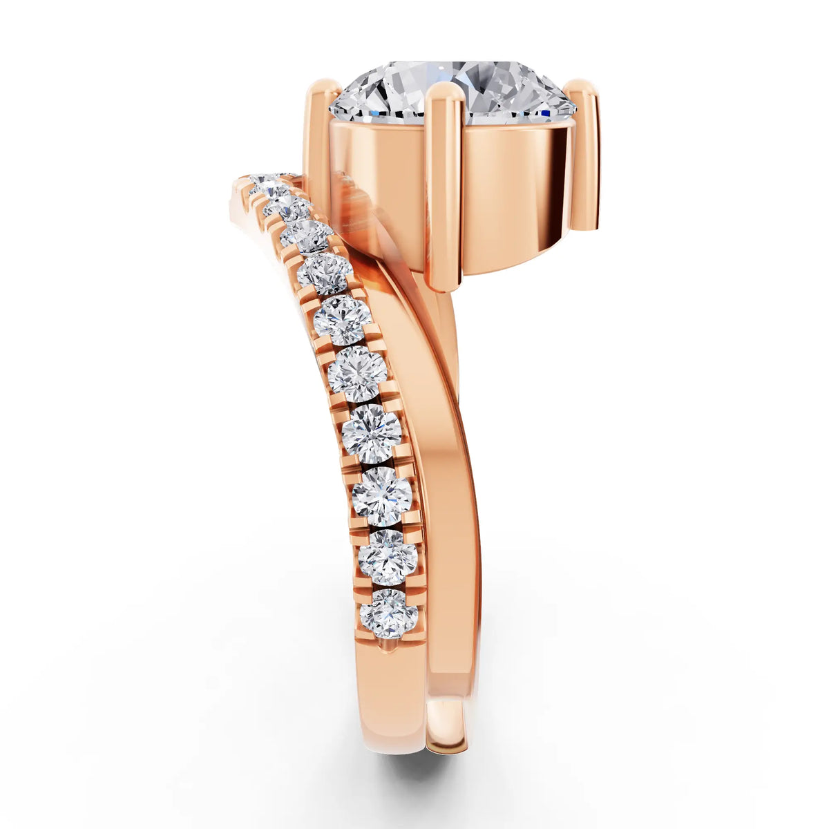 14 KT Rose Gold Round Cut Diamond Solitaire Ring with Pave V Band - Side view