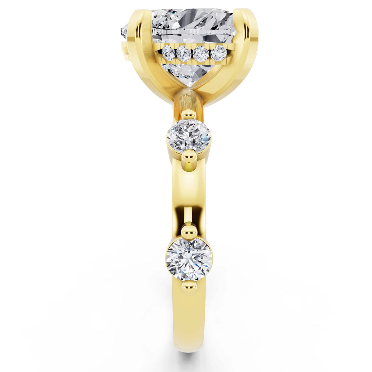 14 KT Yellow Gold Heart Cut Diamond Solitaire Ring with Floating Diamond Accents - side view