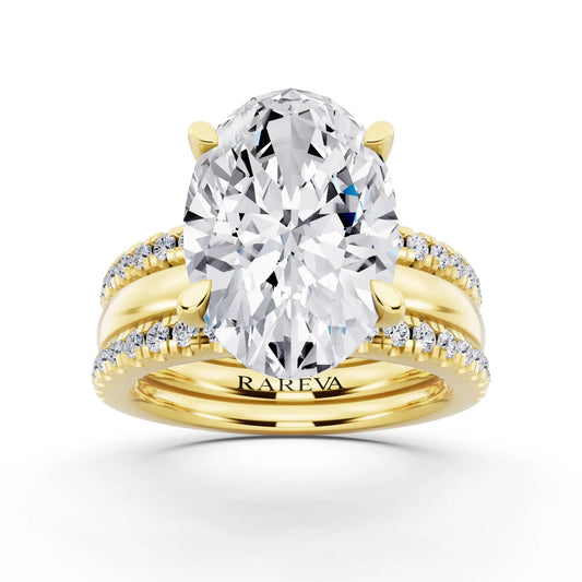 14 KT Yellow Gold Oval Cut Diamond Solitaire Twin Pave Band Stack Ring - front view