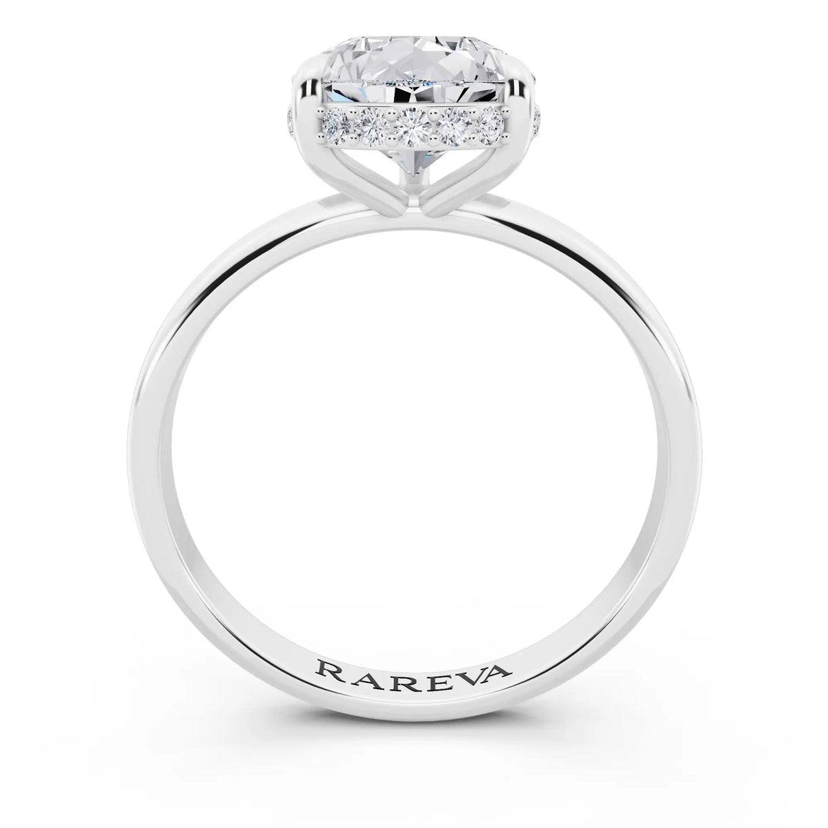 Platinum Pear Cut Diamond Hidden Halo Solitaire Ring - through finger